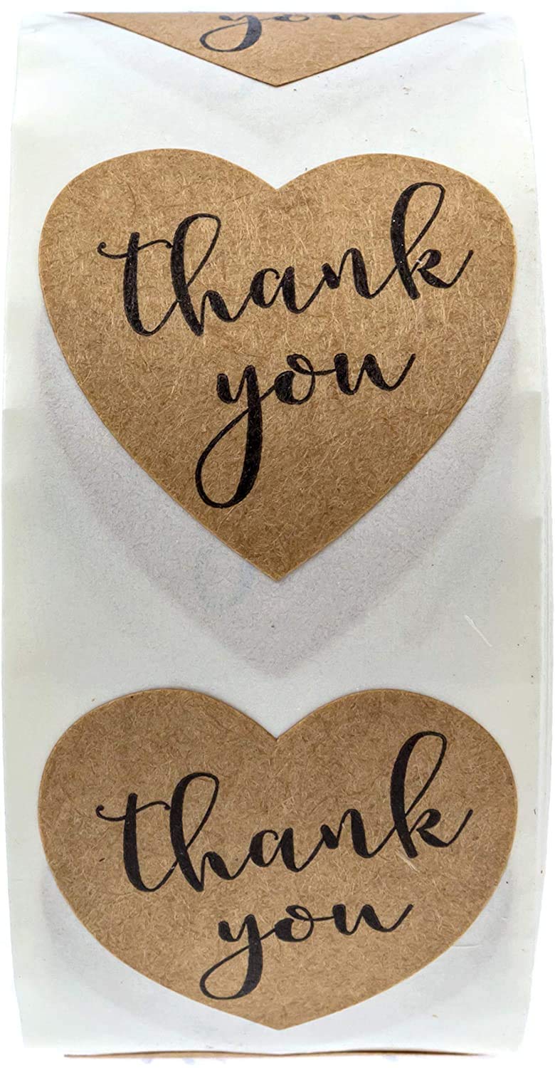 SBlabels Brown Kraft Heart Shape Thank You Stickers / 500 Heart Labels / 1 1/8" Thank You Envelope Seals - Image 2